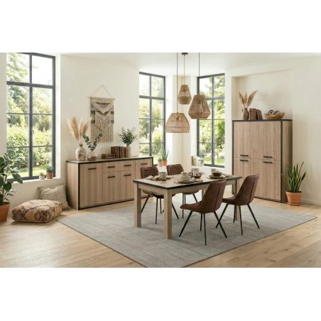 Salle à manger complète TREVOR en décor chêne clair avec buffet haut