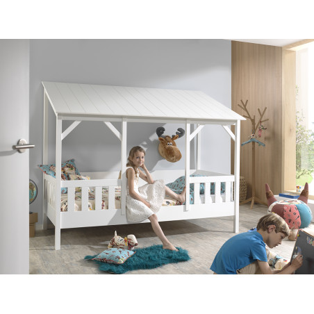 Lit cabane (03) toit HANSEL 90 x 200 cm - Pin massif, blanc