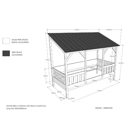 Lit cabane (03) toit HANSEL 90 x 200 cm - Pin massif, blanc