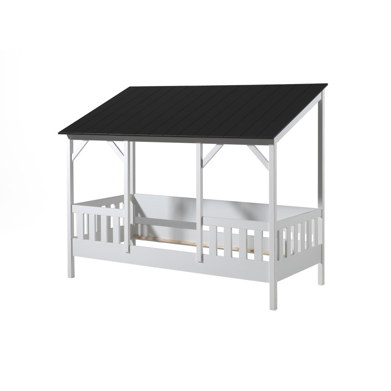 Lit cabane (03) toit HANSEL 90 x 200 cm - Pin massif, blanc/noir