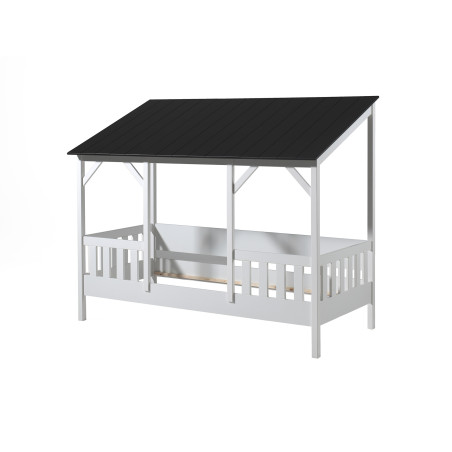 Lit cabane (03) toit HANSEL 90 x 200 cm - Pin massif, blanc/noir