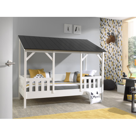 Lit cabane (03) toit HANSEL 90 x 200 cm - Pin massif, blanc/noir