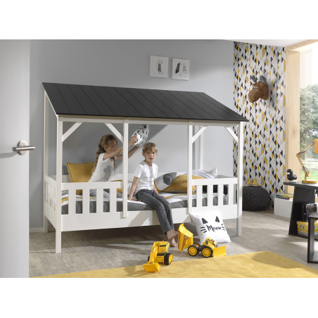 Lit cabane (03) toit HANSEL 90 x 200 cm - Pin massif, blanc/noir
