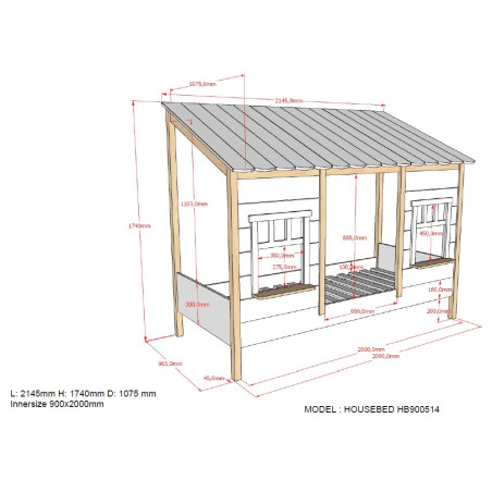 Lit cabane (05) HANSEL 90 x 200 cm - Pin massif, blanc