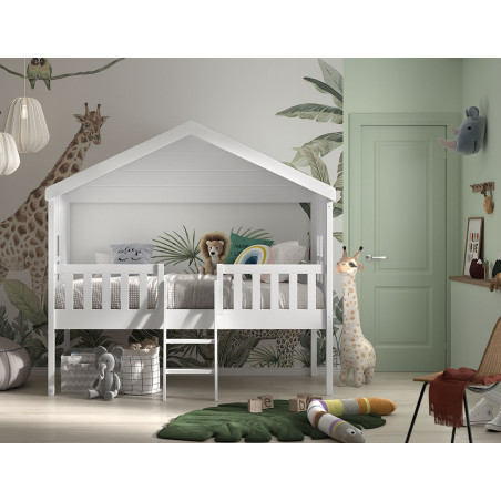 Lit cabane avec échelle HANSEL 90 x 200 cm - Pin scandinave, blanc