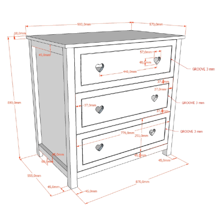 Commode 3 tiroirs CELESTINE - Pin massif, blanc