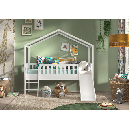 Lit cabane avec toboggan SEBASTIEN 90 x 200 cm - Pin scandinave, blanc