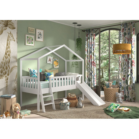Lit cabane avec toboggan SEBASTIEN 90 x 200 cm - Pin scandinave, blanc
