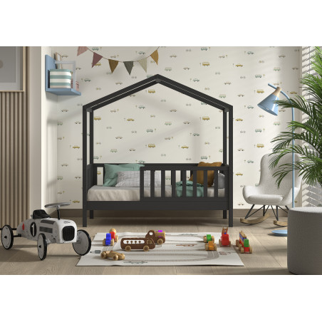 Lit cabane junior SEBASTIEN 70 x 140 cm - Pin massif, anthracite