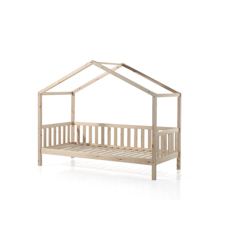 Lit cabane avec grille SEBASTIEN 90 x 200 cm - Pin massif, nature