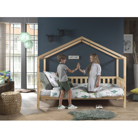 Lit cabane avec grille SEBASTIEN 90 x 200 cm - Pin massif, nature