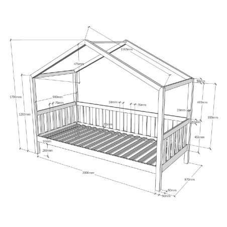 Lit cabane avec grille SYLVAIN 90 x 200 cm - Chêne, chêne