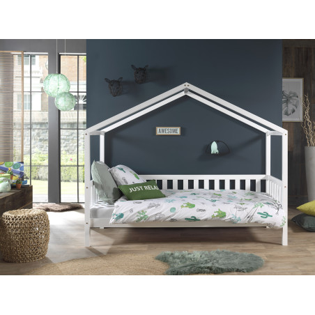 Lit cabane avec grille SEBASTIEN 90 x 200 cm - Pin massif, blanc
