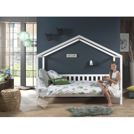 Lit cabane avec grille SEBASTIEN 90 x 200 cm - Pin massif, blanc