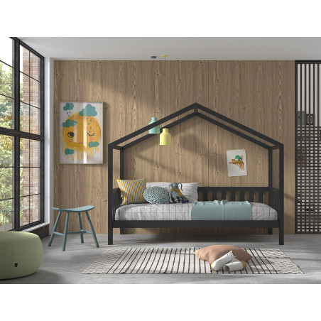 Lit cabane avec grille SEBASTIEN 90 x 200 cm - Pin massif, anthracite