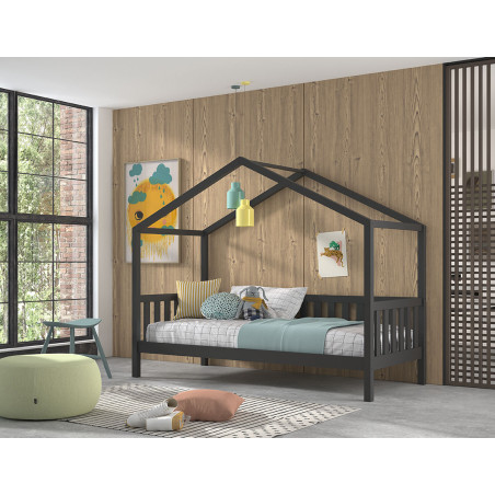 Lit cabane avec grille SEBASTIEN 90 x 200 cm - Pin massif, anthracite