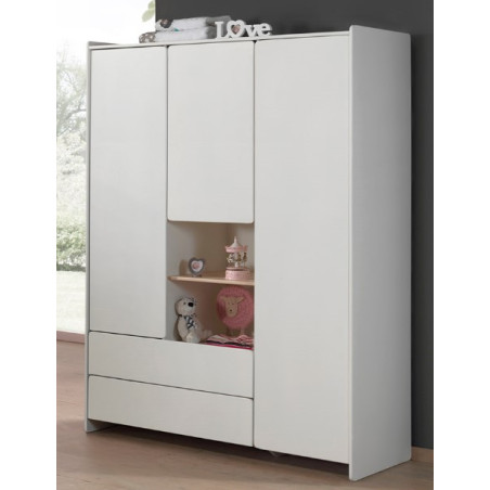 Armoire 3 portes SATSUKI - Pin massif, blanc