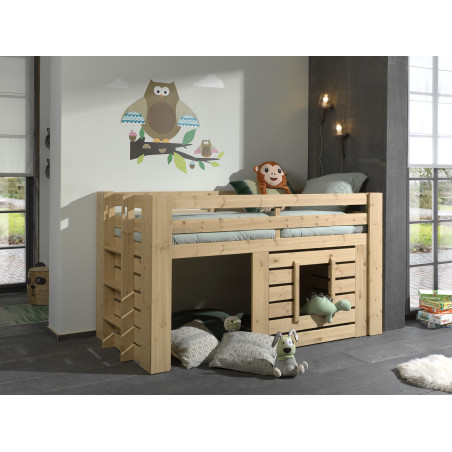 Lit mi-hauteur CALVIN 90 x 200 cm - Pin massif, chêne