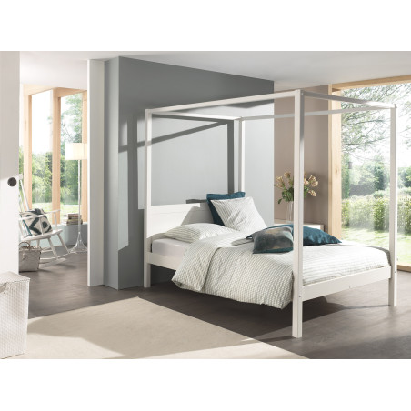Lit à baldaquin CAMILLE 140 x 200 cm - Pin scandinave, blanc