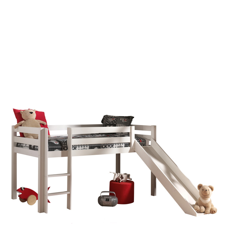 Lit mi-hauteur avec toboggan CAMILLE 90 x 200 cm - Pin scandinave, blanc