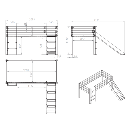 Lit mi-hauteur avec toboggan CAMILLE 90 x 200 cm - Pin scandinave, nature