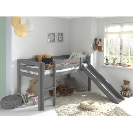 Lit mi-hauteur avec toboggan CAMILLE 90 x 200 cm - Pin scandinave, gris