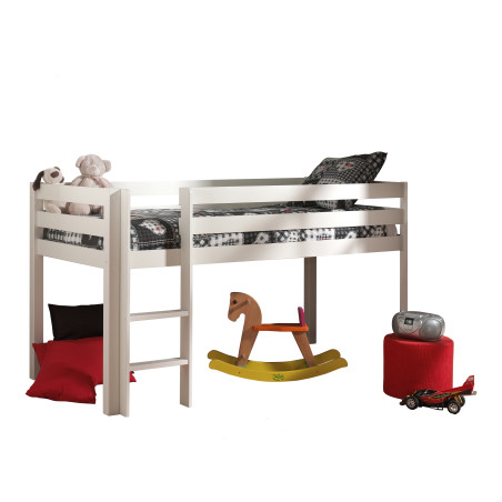 Lit mi-hauteur avec échelle CAMILLE 90 x 200 cm - Pin scandinave, blanc