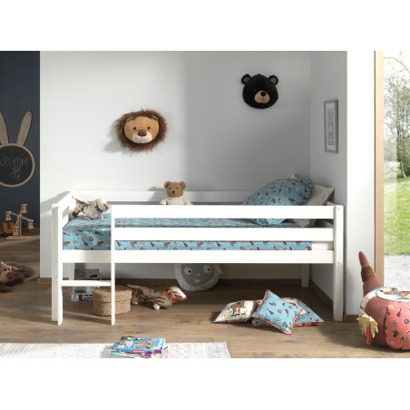 Lit mi-hauteur bas avec échelle CAMILLE 90 x 200 cm - Pin scandinave, blanc