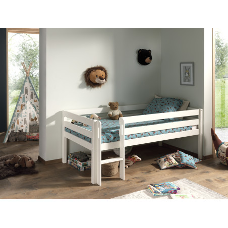 Lit mi-hauteur bas avec échelle CAMILLE 90 x 200 cm - Pin scandinave, blanc
