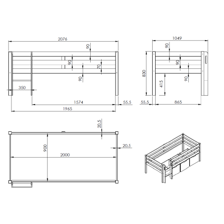 Lit mi-hauteur bas avec échelle CAMILLE 90 x 200 cm - Pin scandinave, blanc