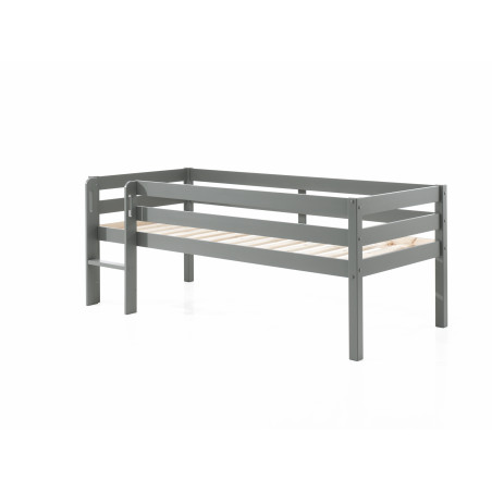 Lit mi-hauteur bas avec échelle CAMILLE 90 x 200 cm - Pin scandinave, gris
