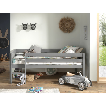 Lit mi-hauteur bas avec échelle CAMILLE 90 x 200 cm - Pin scandinave, gris