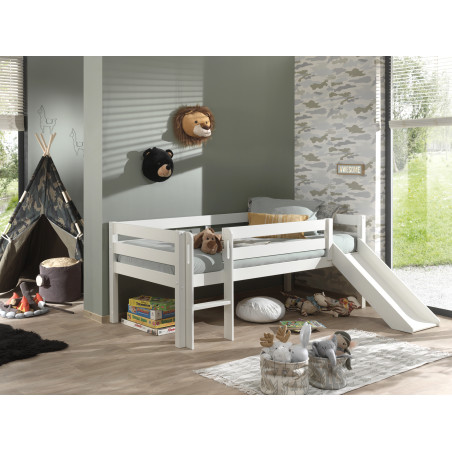 Lit mi-hauteur bas avec toboggan CAMILLE 90 x 200 cm - Pin scandinave, blanc