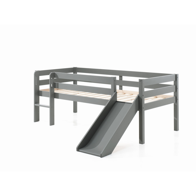 Lit mi-hauteur bas avec toboggan CAMILLE 90 x 200 cm - Pin scandinave, gris