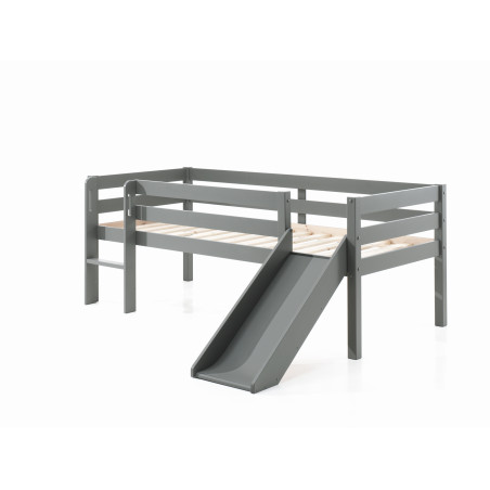 Lit mi-hauteur bas avec toboggan CAMILLE 90 x 200 cm - Pin scandinave, gris