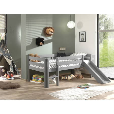 Lit mi-hauteur bas avec toboggan CAMILLE 90 x 200 cm - Pin scandinave, gris