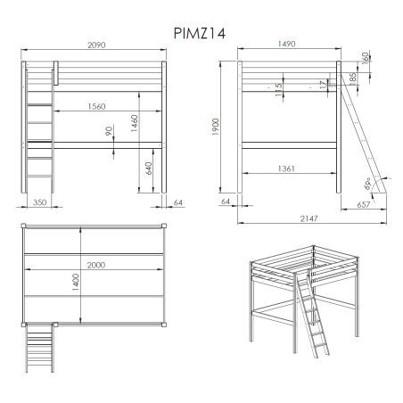 Lit mezzanine CAMILLE 140 x 200 cm - Pin scandinave, blanc