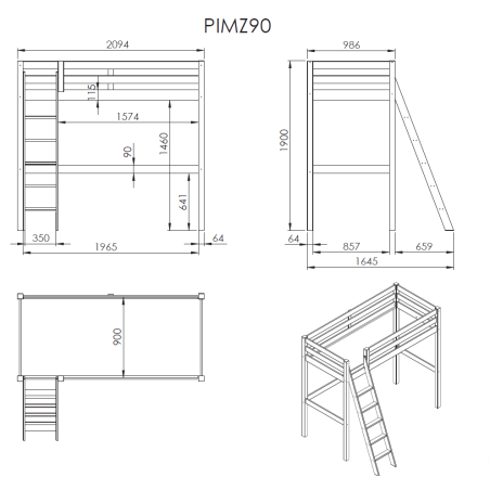 Lit mezzanine CAMILLE 90 x 200 cm - Pin scandinave, blanc
