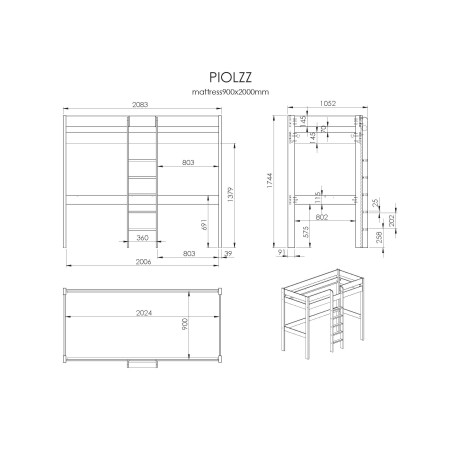 Lit mezzanine sans fauteuil CAMILLE 90 x 200 cm - Pin massif, gris