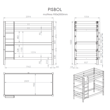 Lit superposé (h 180cm) CAMILLE 90 x 200 cm - Pin scandinave, nature
