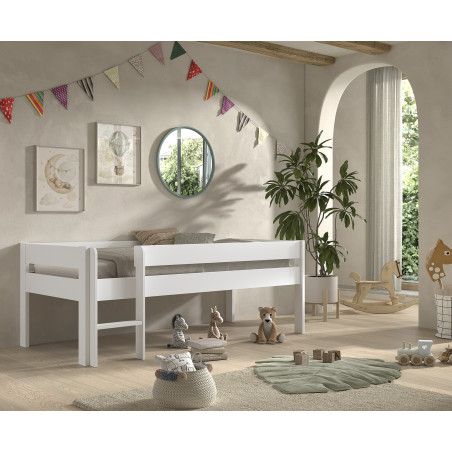Lit mi-hauteur bas avec échelle ANNIE 90 x 200 cm - Pin scandinave, blanc