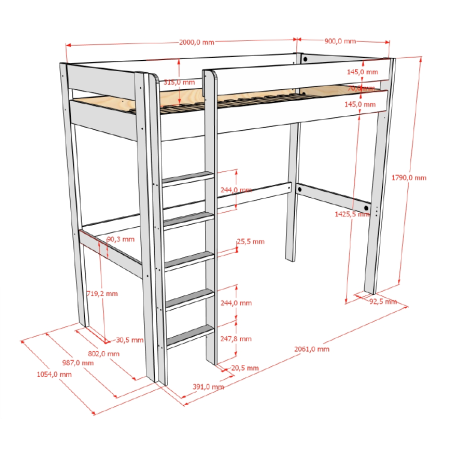 Lit mezzanine ANNIE 90 x 200 cm - Pin scandinave, blanc