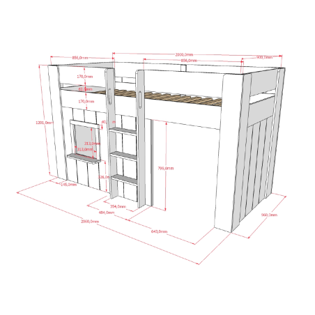 Lit mi-hauteur LOUISON 90 x 200 cm - MDF, blanc