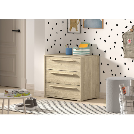 Commode 3 tiroirs pour lit mi-hauteur COLIN - Panneaux de particules, chêne