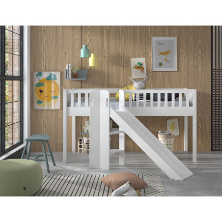 Lit mi-hauteur avec toboggan PIERROT 90 x 200 cm - Pin scandinave, blanc