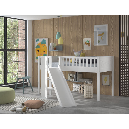 Lit mi-hauteur avec toboggan PIERROT 90 x 200 cm - Pin scandinave, blanc