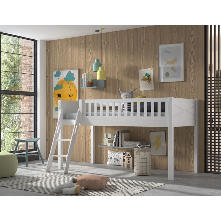 Lit mi-hauteur avec échelle PIERROT 90 x 200 cm - Pin scandinave, blanc