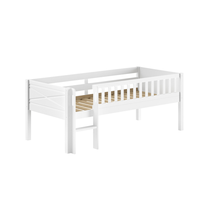 Lit mi-hauteur bas avec échelle PIERROT 90 x 200 cm - Pin scandinave, blanc