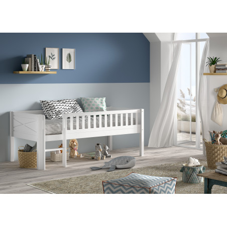 Lit mi-hauteur bas avec échelle PIERROT 90 x 200 cm - Pin scandinave, blanc