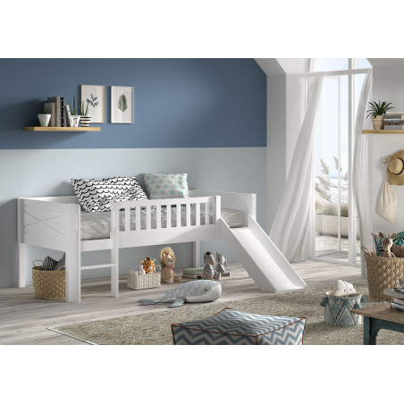 Lit mi-hauteur bas avec toboggan PIERROT 90 x 200 cm - Pin scandinave, blanc